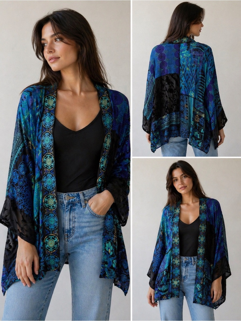Chico's Blue & Teal Patchwork Kimono Cardigan
